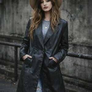 NWT Promesa Black Long Faux Leather Trench Whimsigoth Witchy Grunge Coat Sz L